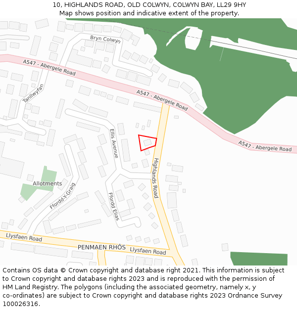 10, HIGHLANDS ROAD, OLD COLWYN, COLWYN BAY, LL29 9HY: Location map and indicative extent of plot