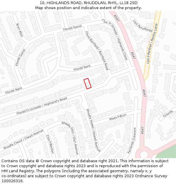 10, HIGHLANDS ROAD, RHUDDLAN, RHYL, LL18 2SD: Location map and indicative extent of plot