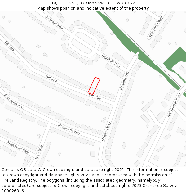 10, HILL RISE, RICKMANSWORTH, WD3 7NZ: Location map and indicative extent of plot