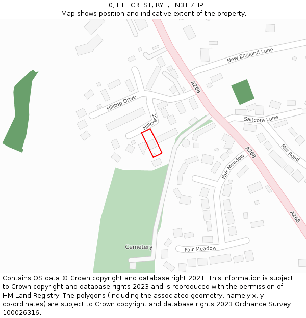 10, HILLCREST, RYE, TN31 7HP: Location map and indicative extent of plot