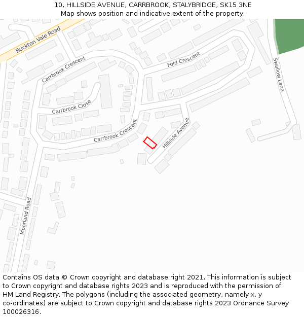 10, HILLSIDE AVENUE, CARRBROOK, STALYBRIDGE, SK15 3NE: Location map and indicative extent of plot