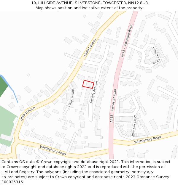 10, HILLSIDE AVENUE, SILVERSTONE, TOWCESTER, NN12 8UR: Location map and indicative extent of plot