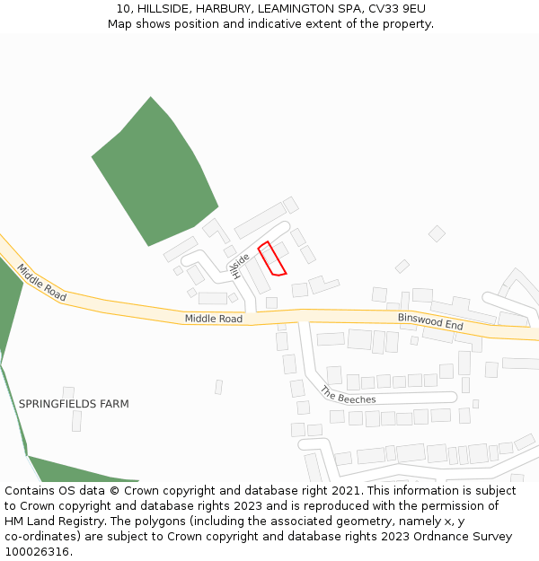 10, HILLSIDE, HARBURY, LEAMINGTON SPA, CV33 9EU: Location map and indicative extent of plot