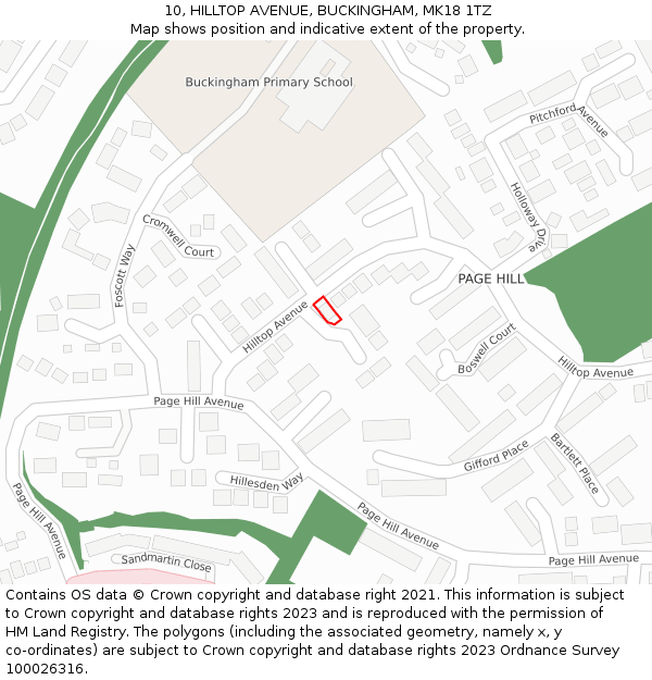 10, HILLTOP AVENUE, BUCKINGHAM, MK18 1TZ: Location map and indicative extent of plot