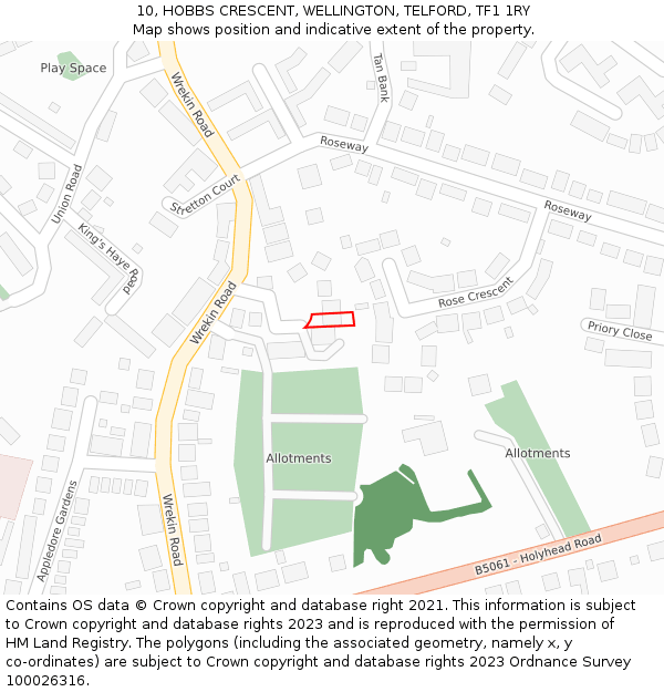 10, HOBBS CRESCENT, WELLINGTON, TELFORD, TF1 1RY: Location map and indicative extent of plot