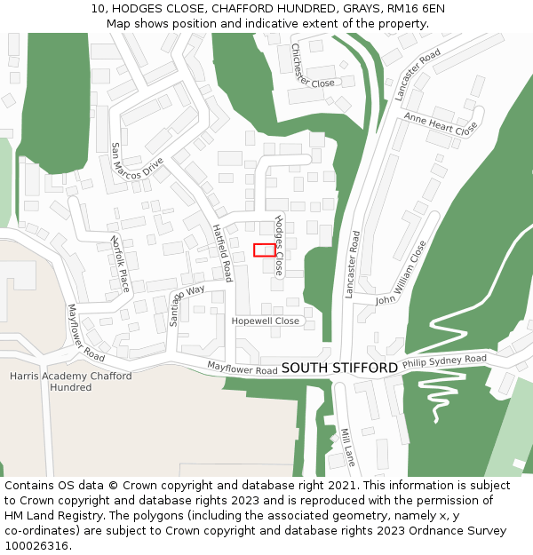 10, HODGES CLOSE, CHAFFORD HUNDRED, GRAYS, RM16 6EN: Location map and indicative extent of plot