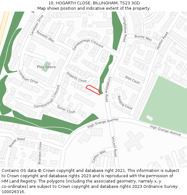 10, HOGARTH CLOSE, BILLINGHAM, TS23 3GD: Location map and indicative extent of plot