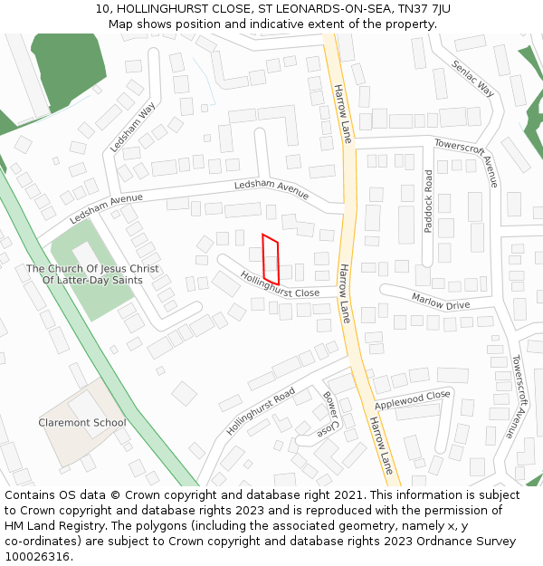 10, HOLLINGHURST CLOSE, ST LEONARDS-ON-SEA, TN37 7JU: Location map and indicative extent of plot