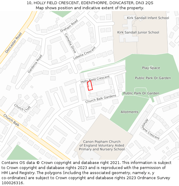 10, HOLLY FIELD CRESCENT, EDENTHORPE, DONCASTER, DN3 2QS: Location map and indicative extent of plot