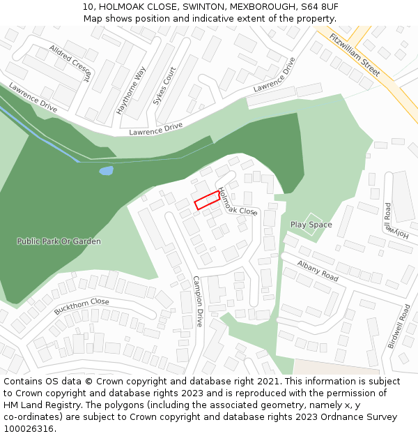 10, HOLMOAK CLOSE, SWINTON, MEXBOROUGH, S64 8UF: Location map and indicative extent of plot