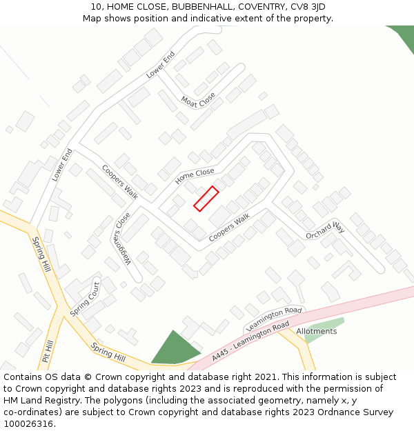 10, HOME CLOSE, BUBBENHALL, COVENTRY, CV8 3JD: Location map and indicative extent of plot