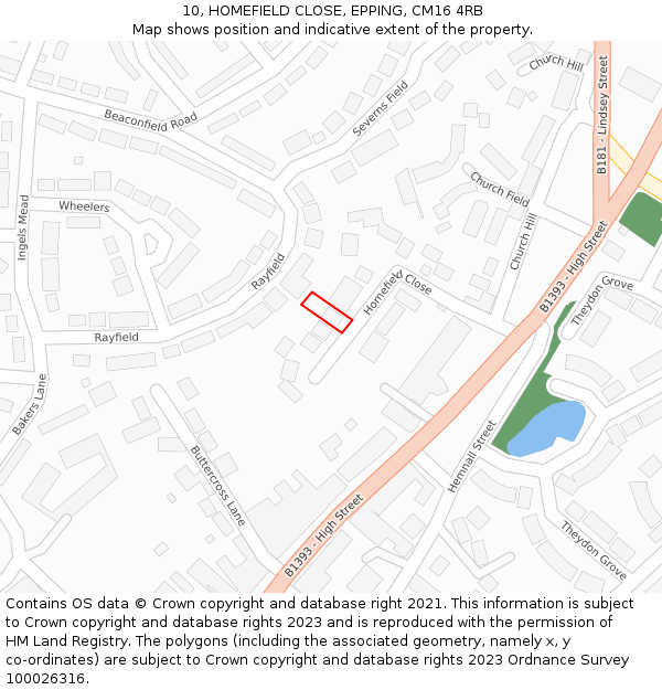 10, HOMEFIELD CLOSE, EPPING, CM16 4RB: Location map and indicative extent of plot