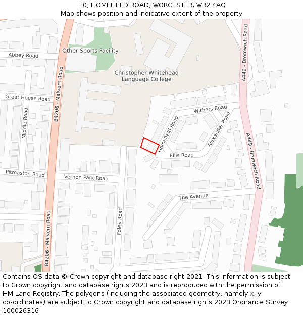 10, HOMEFIELD ROAD, WORCESTER, WR2 4AQ: Location map and indicative extent of plot