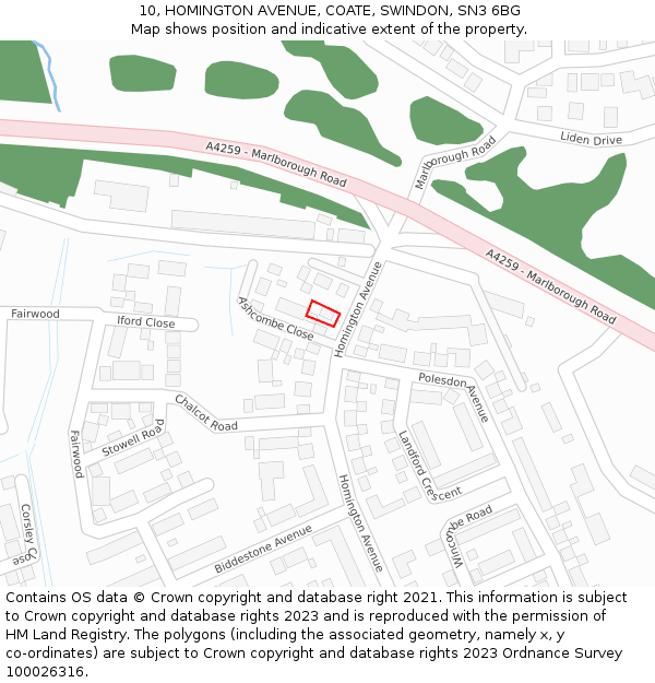 10, HOMINGTON AVENUE, COATE, SWINDON, SN3 6BG: Location map and indicative extent of plot