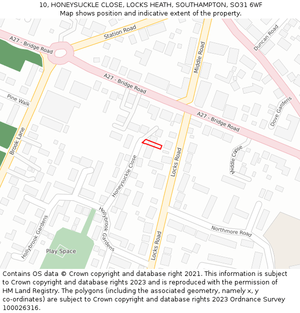 10, HONEYSUCKLE CLOSE, LOCKS HEATH, SOUTHAMPTON, SO31 6WF: Location map and indicative extent of plot