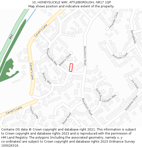 10, HONEYSUCKLE WAY, ATTLEBOROUGH, NR17 1QP: Location map and indicative extent of plot