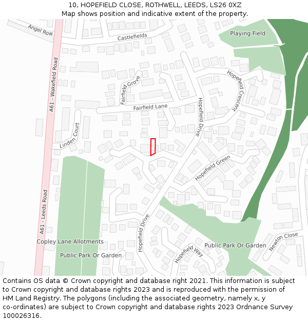 10, HOPEFIELD CLOSE, ROTHWELL, LEEDS, LS26 0XZ: Location map and indicative extent of plot