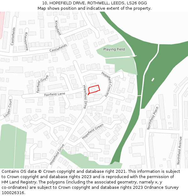 10, HOPEFIELD DRIVE, ROTHWELL, LEEDS, LS26 0GG: Location map and indicative extent of plot