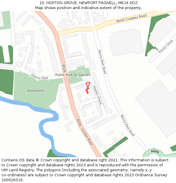 10, HOPTON GROVE, NEWPORT PAGNELL, MK16 0DZ: Location map and indicative extent of plot