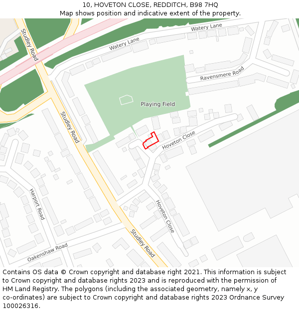 10, HOVETON CLOSE, REDDITCH, B98 7HQ: Location map and indicative extent of plot