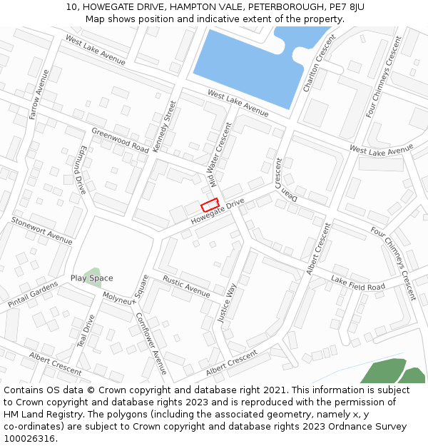 10, HOWEGATE DRIVE, HAMPTON VALE, PETERBOROUGH, PE7 8JU: Location map and indicative extent of plot