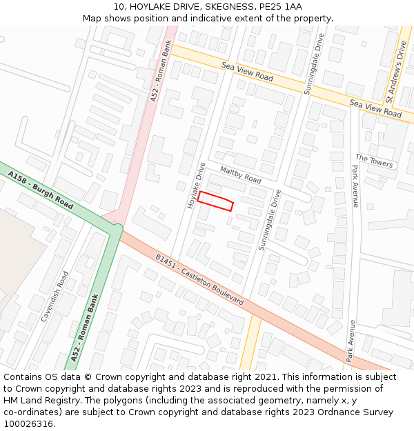 10, HOYLAKE DRIVE, SKEGNESS, PE25 1AA: Location map and indicative extent of plot