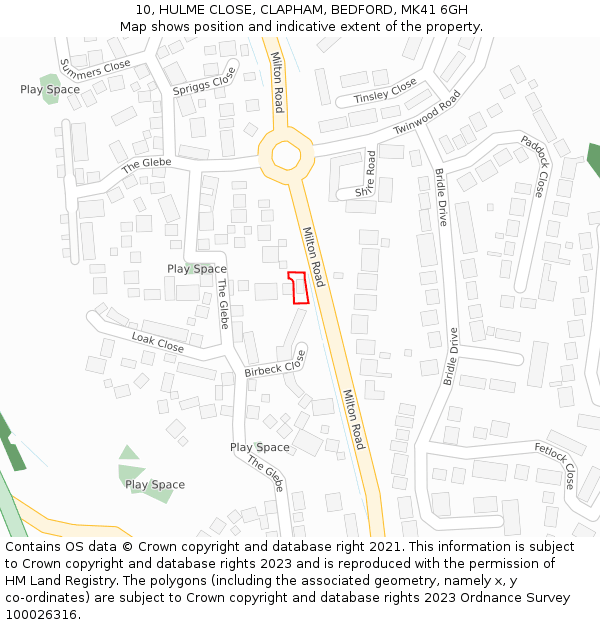 10, HULME CLOSE, CLAPHAM, BEDFORD, MK41 6GH: Location map and indicative extent of plot