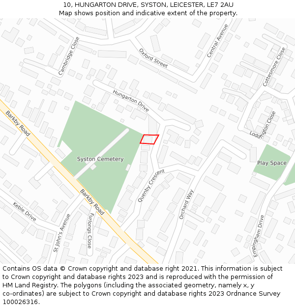 10, HUNGARTON DRIVE, SYSTON, LEICESTER, LE7 2AU: Location map and indicative extent of plot