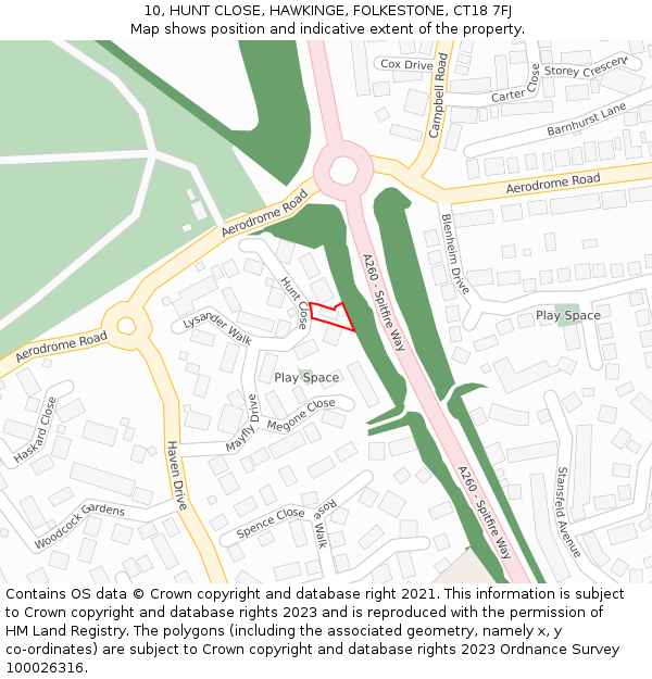 10, HUNT CLOSE, HAWKINGE, FOLKESTONE, CT18 7FJ: Location map and indicative extent of plot