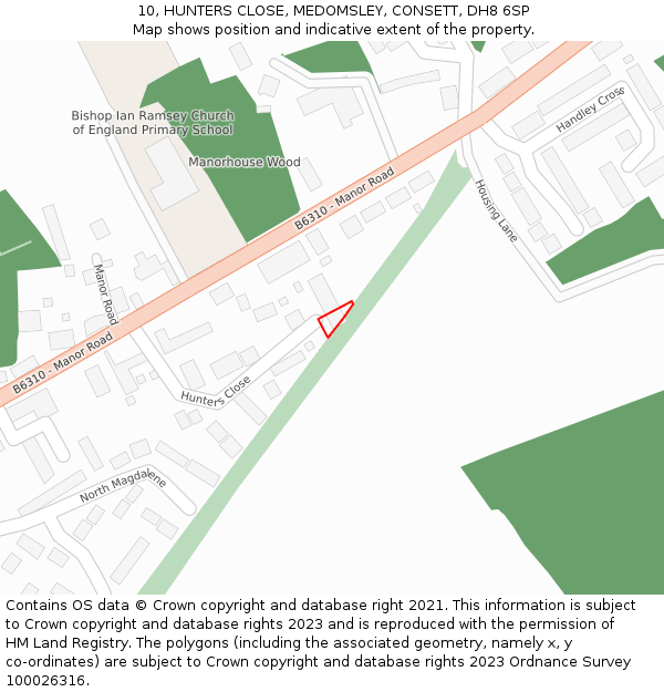 10, HUNTERS CLOSE, MEDOMSLEY, CONSETT, DH8 6SP: Location map and indicative extent of plot