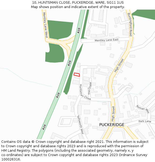 10, HUNTSMAN CLOSE, PUCKERIDGE, WARE, SG11 1US: Location map and indicative extent of plot