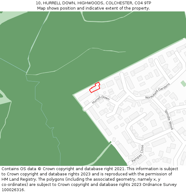 10, HURRELL DOWN, HIGHWOODS, COLCHESTER, CO4 9TP: Location map and indicative extent of plot