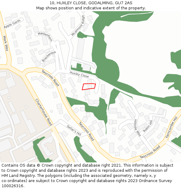 10, HUXLEY CLOSE, GODALMING, GU7 2AS: Location map and indicative extent of plot