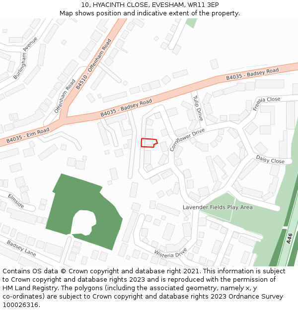 10, HYACINTH CLOSE, EVESHAM, WR11 3EP: Location map and indicative extent of plot