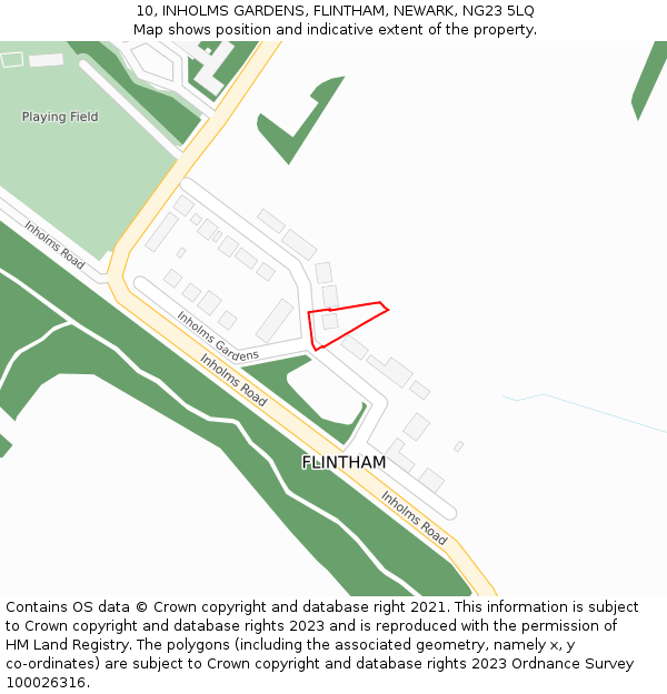 10, INHOLMS GARDENS, FLINTHAM, NEWARK, NG23 5LQ: Location map and indicative extent of plot