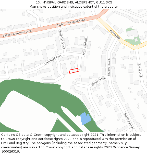 10, INNISFAIL GARDENS, ALDERSHOT, GU11 3XG: Location map and indicative extent of plot