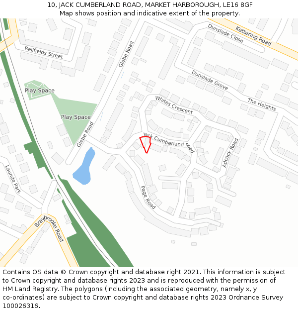 10, JACK CUMBERLAND ROAD, MARKET HARBOROUGH, LE16 8GF: Location map and indicative extent of plot