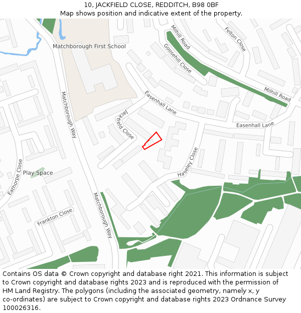 10, JACKFIELD CLOSE, REDDITCH, B98 0BF: Location map and indicative extent of plot