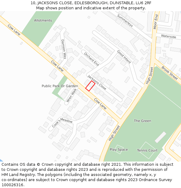 10, JACKSONS CLOSE, EDLESBOROUGH, DUNSTABLE, LU6 2RF: Location map and indicative extent of plot