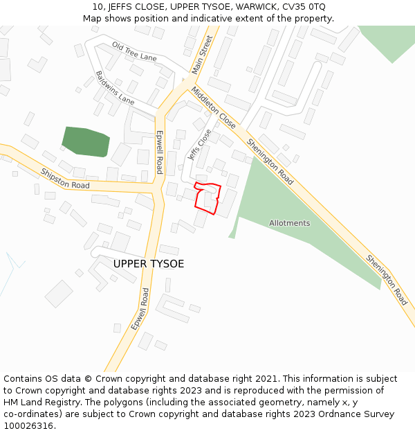 10, JEFFS CLOSE, UPPER TYSOE, WARWICK, CV35 0TQ: Location map and indicative extent of plot