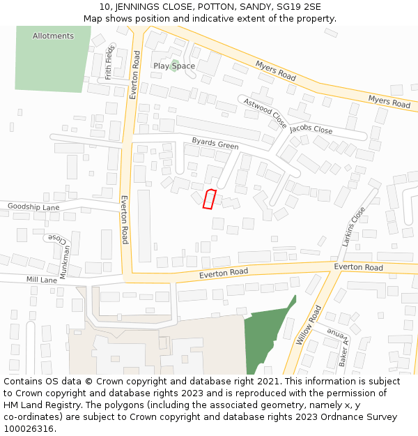 10, JENNINGS CLOSE, POTTON, SANDY, SG19 2SE: Location map and indicative extent of plot