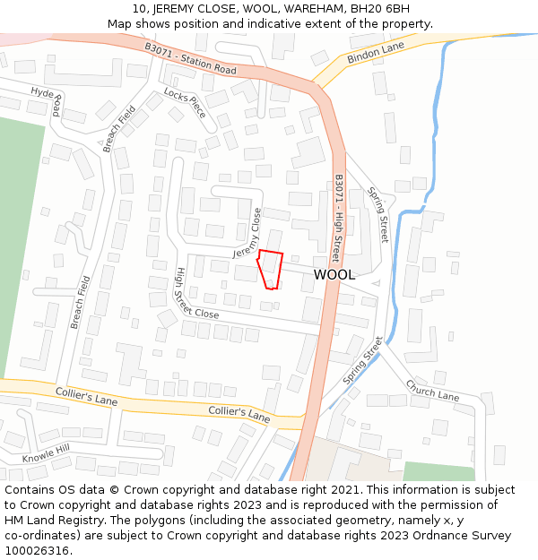 10, JEREMY CLOSE, WOOL, WAREHAM, BH20 6BH: Location map and indicative extent of plot