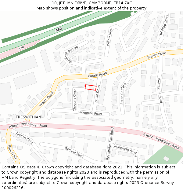 10, JETHAN DRIVE, CAMBORNE, TR14 7XG: Location map and indicative extent of plot