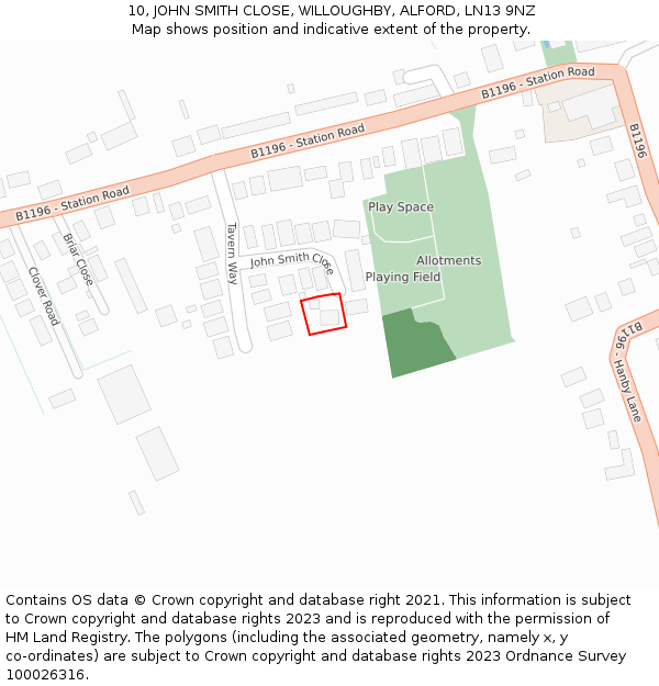 10, JOHN SMITH CLOSE, WILLOUGHBY, ALFORD, LN13 9NZ: Location map and indicative extent of plot