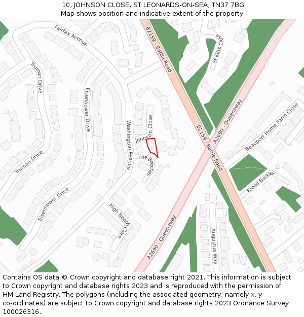 10, JOHNSON CLOSE, ST LEONARDS-ON-SEA, TN37 7BG: Location map and indicative extent of plot