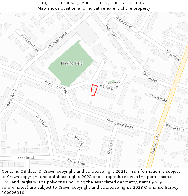 10, JUBILEE DRIVE, EARL SHILTON, LEICESTER, LE9 7JF: Location map and indicative extent of plot