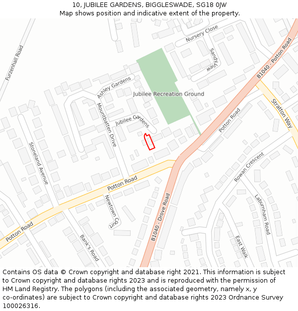 10, JUBILEE GARDENS, BIGGLESWADE, SG18 0JW: Location map and indicative extent of plot