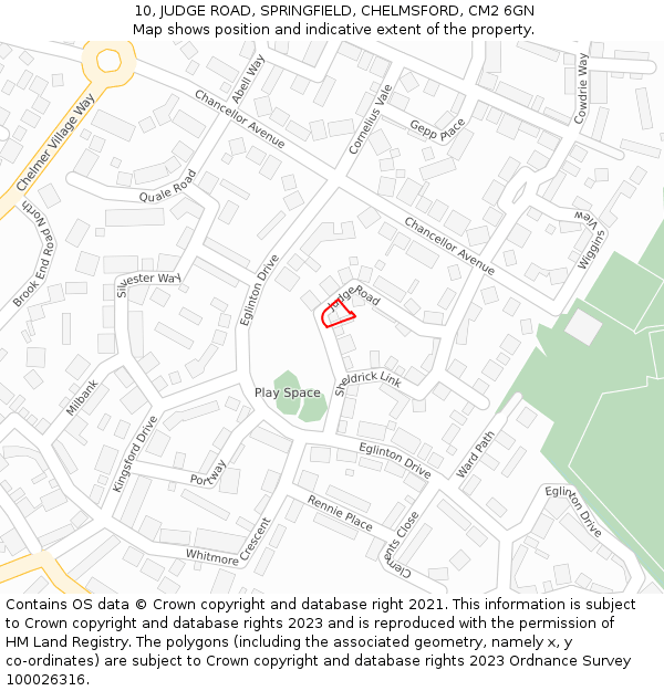 10, JUDGE ROAD, SPRINGFIELD, CHELMSFORD, CM2 6GN: Location map and indicative extent of plot