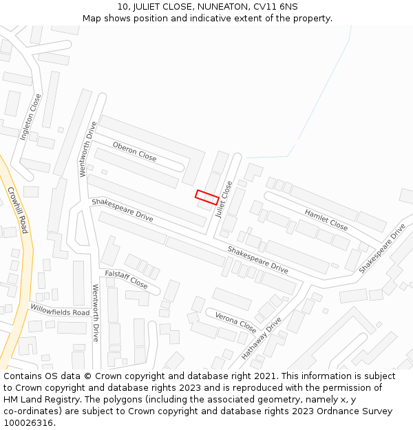 10, JULIET CLOSE, NUNEATON, CV11 6NS: Location map and indicative extent of plot
