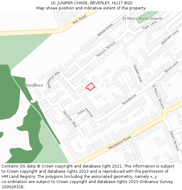 10, JUNIPER CHASE, BEVERLEY, HU17 8GD: Location map and indicative extent of plot